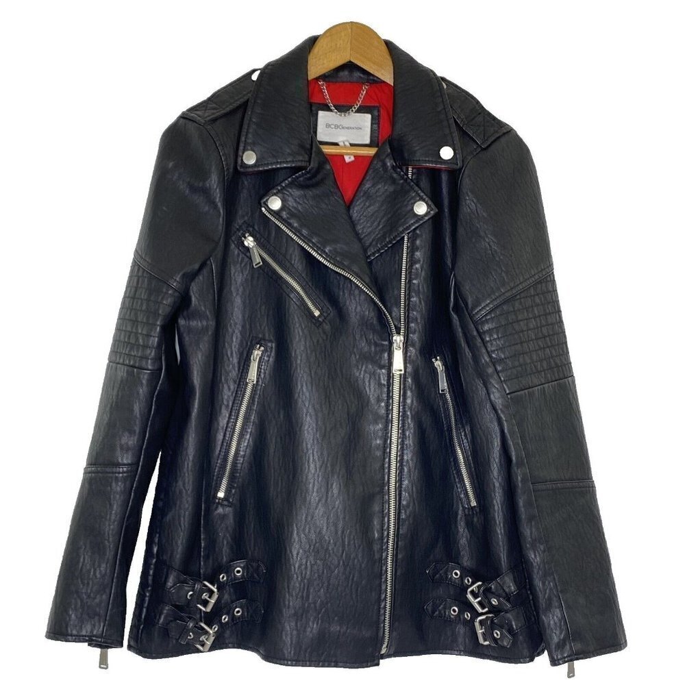 BCBGeneration Faux Leather Moto Jacket Womens size Medium Biker Style Zips Black